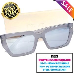 BNWBOX Dezi Switch 55MM Square Sunglasses STEEL/SMOKE FLASH